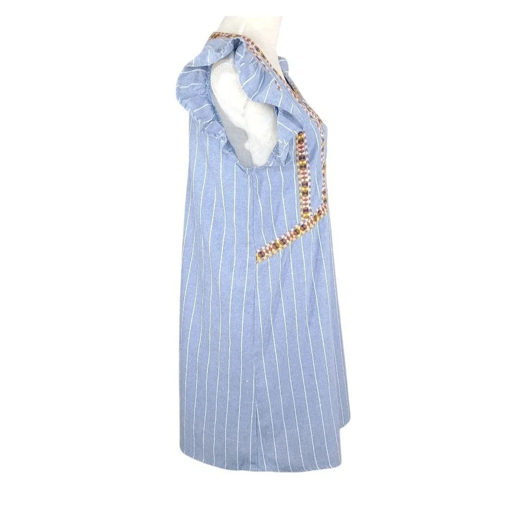 Entro Dress Size Medium Pullover Blue Stripe Embroidered Ruffle Sleeve‎ Lined